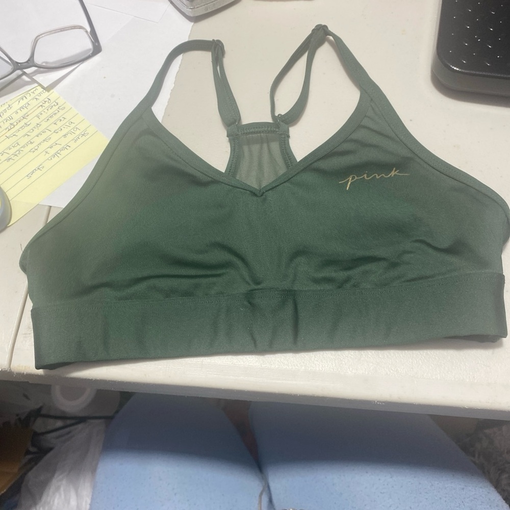 VS PINK Sports Bra Green Olive  Small ultimate  Lightly Lined Removable Pads EUC